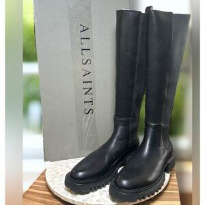AllSaints Maeve Black Leather Knee High Boots Lug Sole Stretch Panel US 11 EU 41